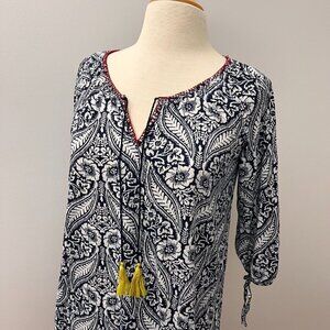 Lucky Brand Blue White Floral Tassel Tie 3/4 Sleeve Mini Dress Cover up Size S
